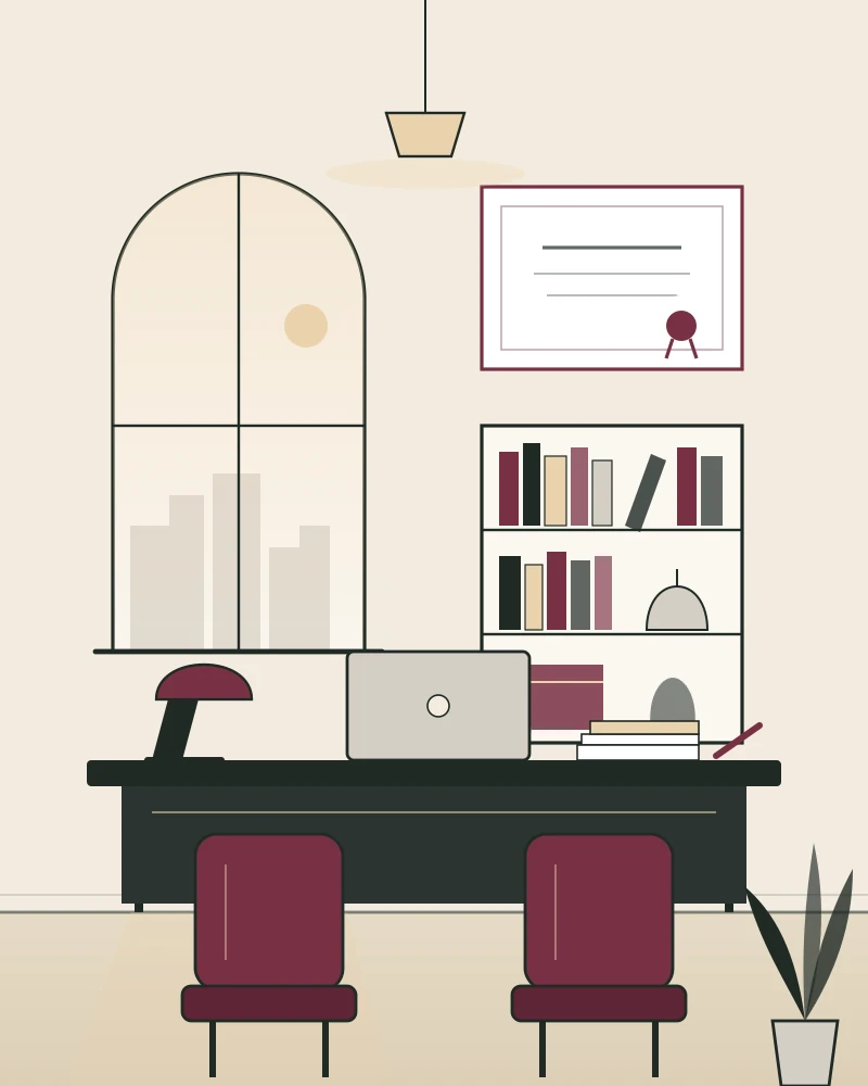 Ilustración del despacho de Aguado Abogados en Madrid: mesa de trabajo, título colegial y estantería con códigos legales