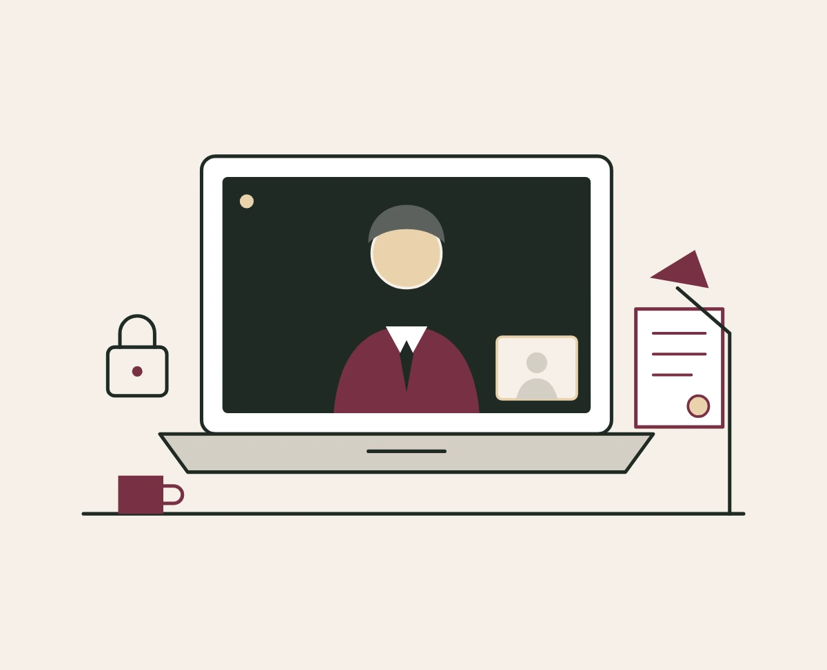Consulta con abogados online por videollamada Consulta con abogados online: abogado en videollamada en un portátil, con documento y candado de confidencialidad