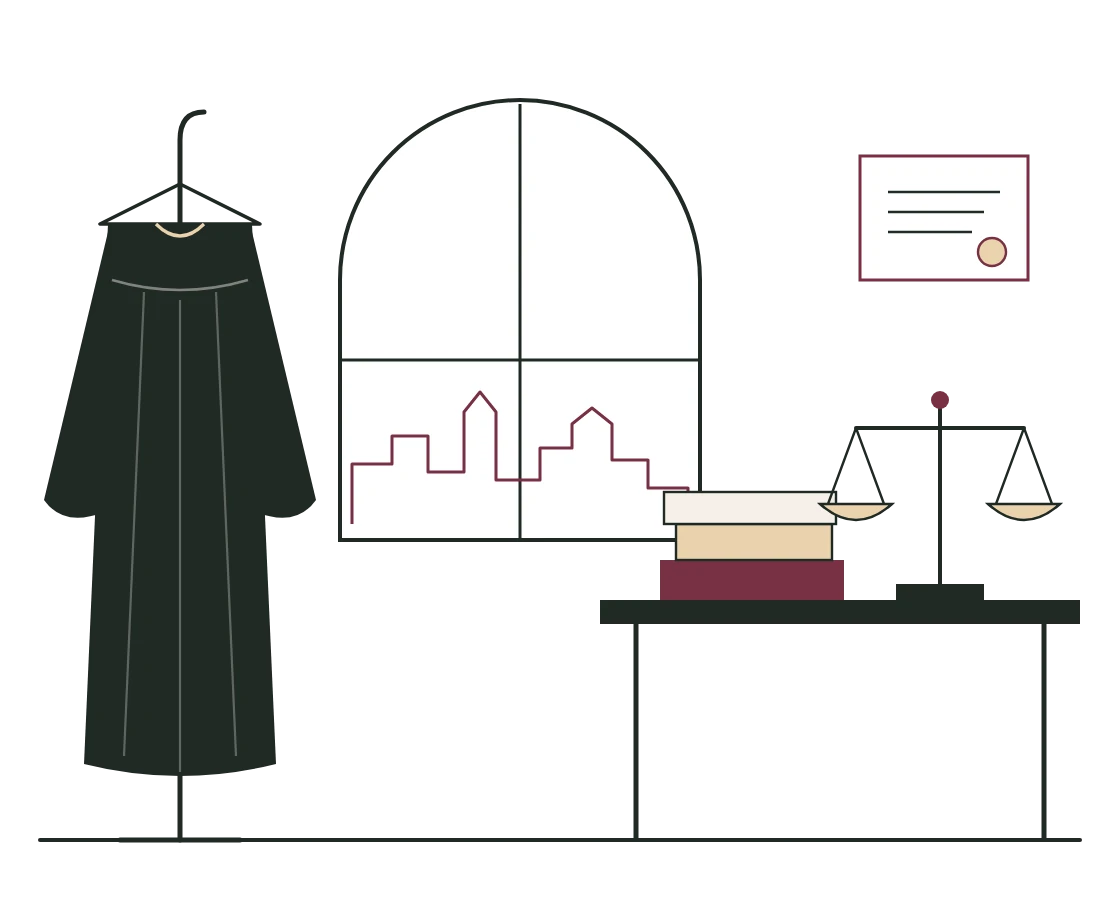 Firma de abogados en Madrid · Aguado Abogados Ilustración del despacho de Aguado Abogados, firma de abogados en Madrid: toga, balanza y libros jurídicos junto a una ventana con vistas a la ciudad
