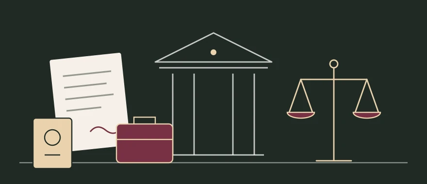 Ilustración de los servicios legales de Aguado Abogados en Madrid: tribunal, balanza, contrato, maletín y pasaporte